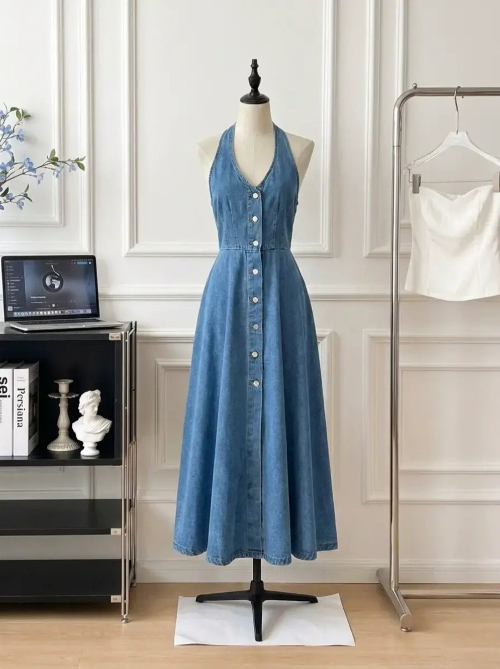 ZARA Chic Halter Sleeveless Denim Dress